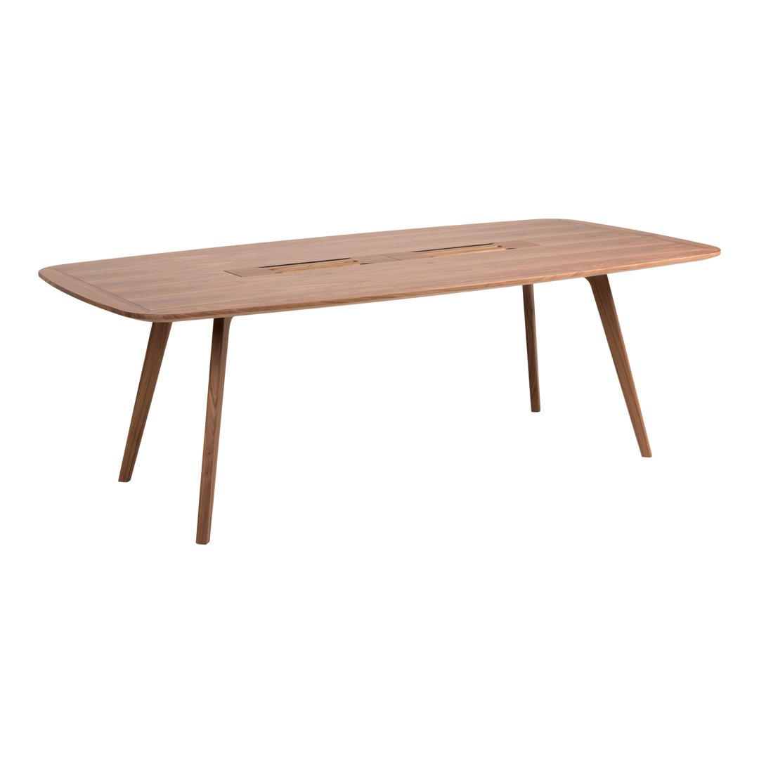 "Light brown wooden dining table with a sleek, smooth finish and minimalistic design, featuring subtle grain patterns."