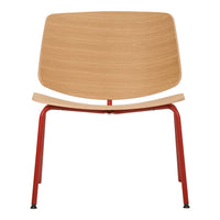 Stylish chair featuring a natural wood finish and bold red metal legs, showcasing a contemporary design.