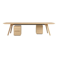Light wood desk with smooth, minimalist finish; features a natural grain pattern and sleek, modern design.