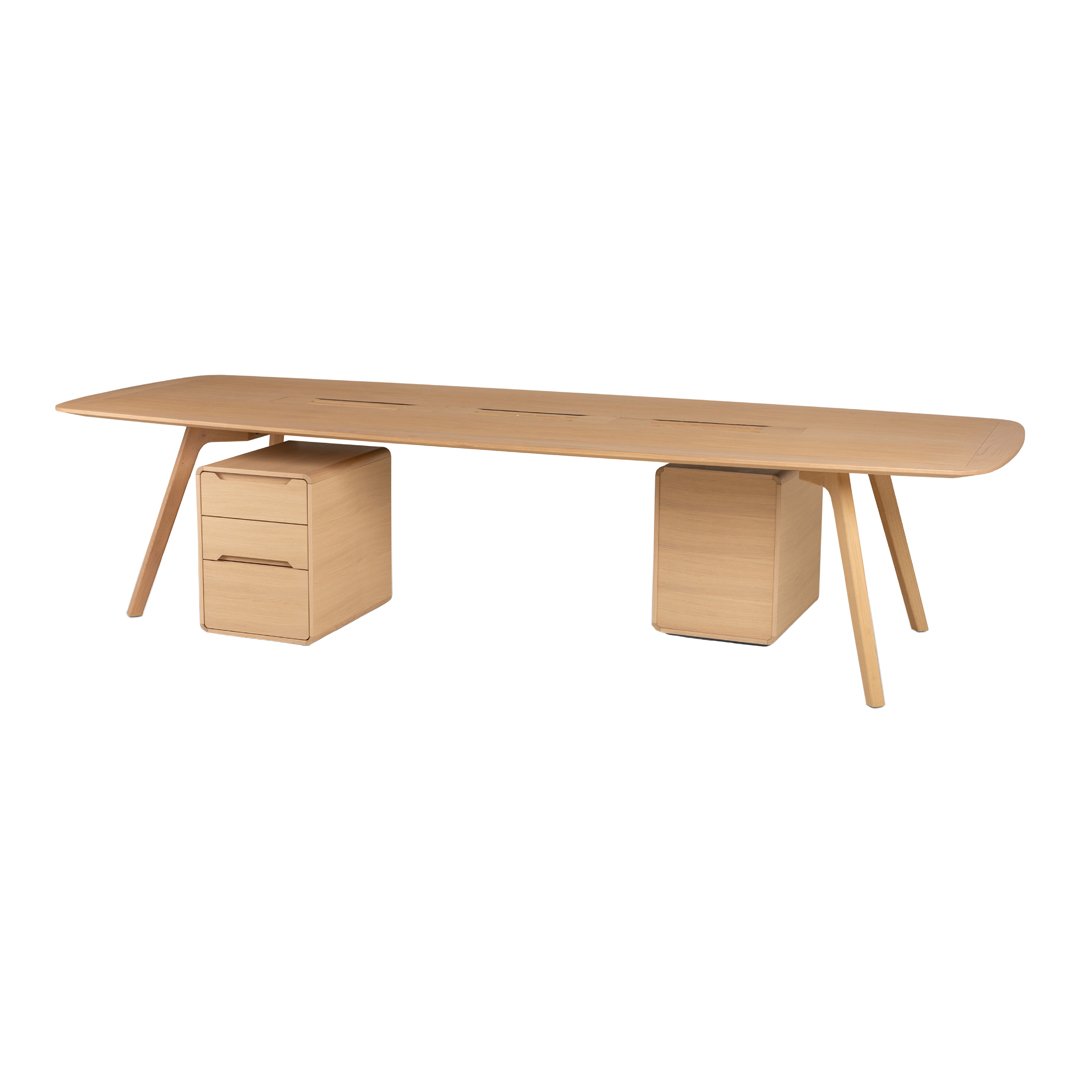 Light maple wood desk with a smooth finish and minimalist design, featuring two matching storage units.