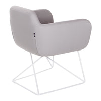 Light gray upholstered chair with sleek white metal base, featuring a minimalist, modern design.