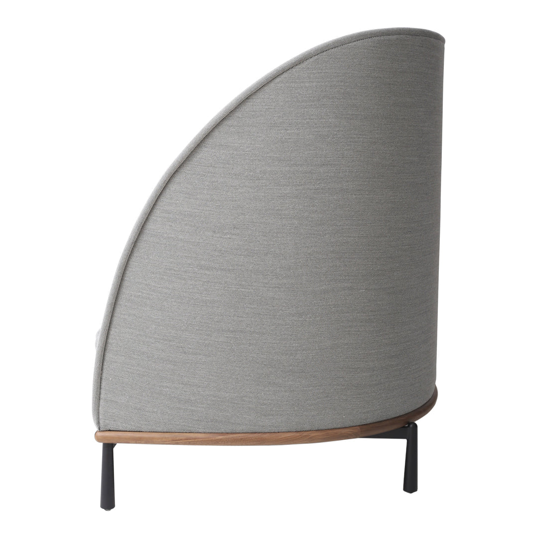 Modern gray upholstered chair with a unique curved design and wooden accents, perfect for contemporary decor.