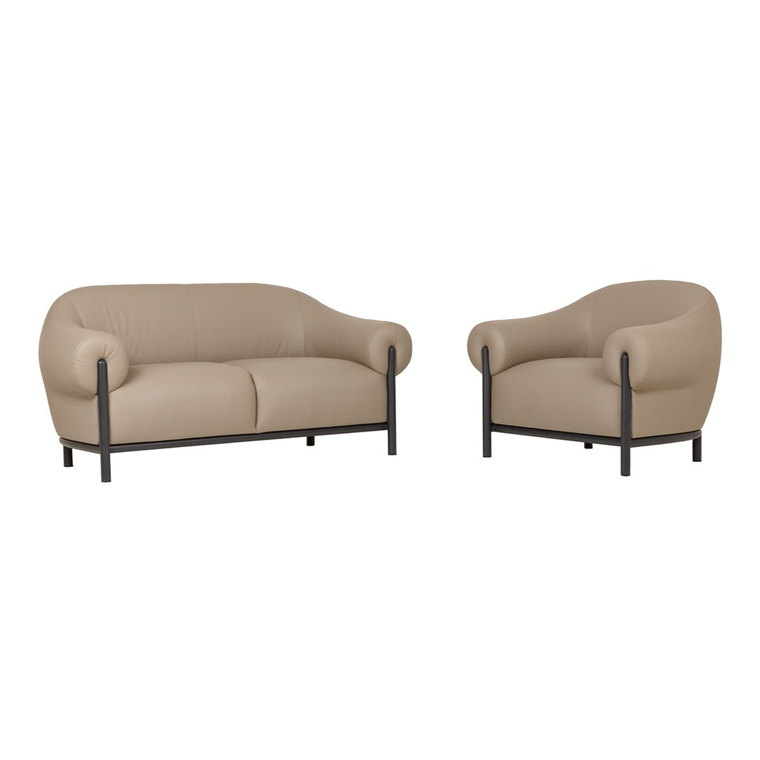Beige upholstered sofa and armchair set with smooth, rounded edges and a sleek black metal frame.