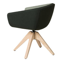 Green and grey upholstered chair with a natural wood base, featuring a modern, minimalist design.