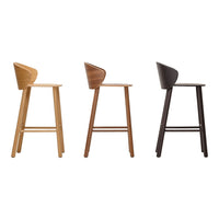 Set of three bar stools in light wood, medium brown, and dark wood finishes with smooth, minimalist designs.
