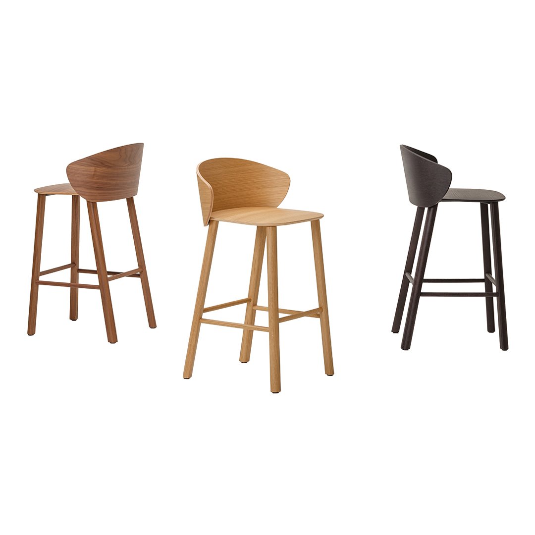 Set of three stylish bar stools in light wood, medium wood, and dark wood finishes with curved backs and tapered legs.
