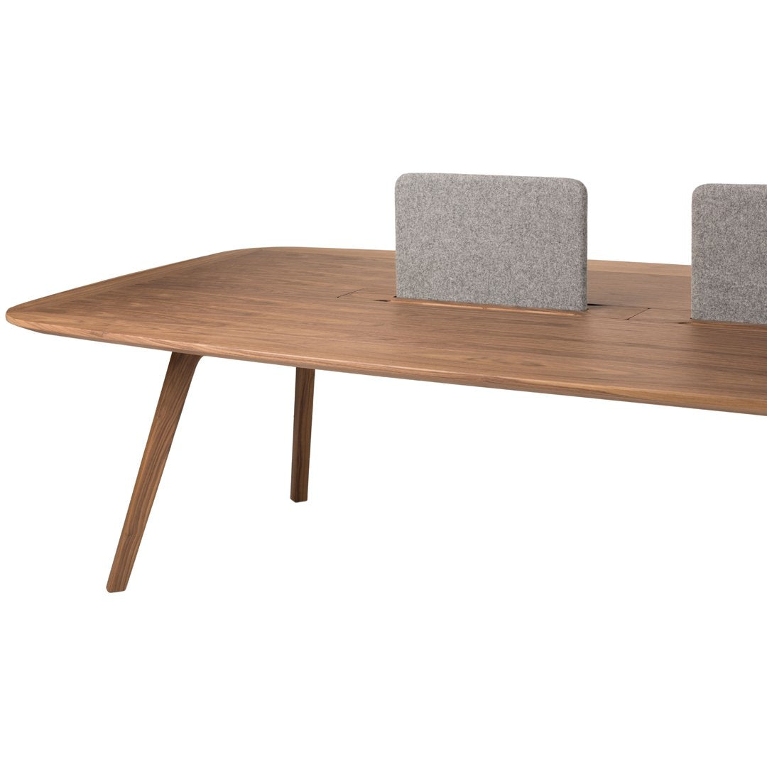 Wooden conference table in rich brown with two gray acoustic panels, featuring a smooth, modern design.