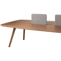 Wooden conference table in rich brown with two gray acoustic panels, featuring a smooth, modern design.