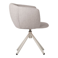 Light gray upholstered chair with a smooth texture and minimalist design, featuring a metal tripod base.