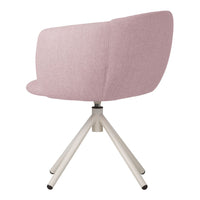 Soft pink fabric lounge chair with a smooth finish and a sleek white tripod base. Perfect for modern decor.