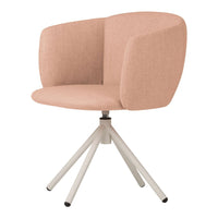 Blush pink upholstered chair with a modern design and white tripod base. Perfect for contemporary decor.