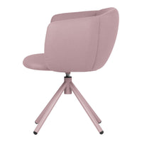 Soft pink upholstered chair with a modern design and sleek metallic legs. Perfect for contemporary decor.