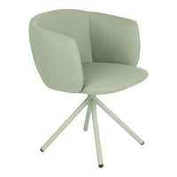 Light green upholstered chair with a sleek design and minimalist pattern featuring a modern, tripod base.