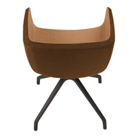 Brown and tan upholstered chair with a modern design and a sleek black metal base. Ideal for contemporary decor.