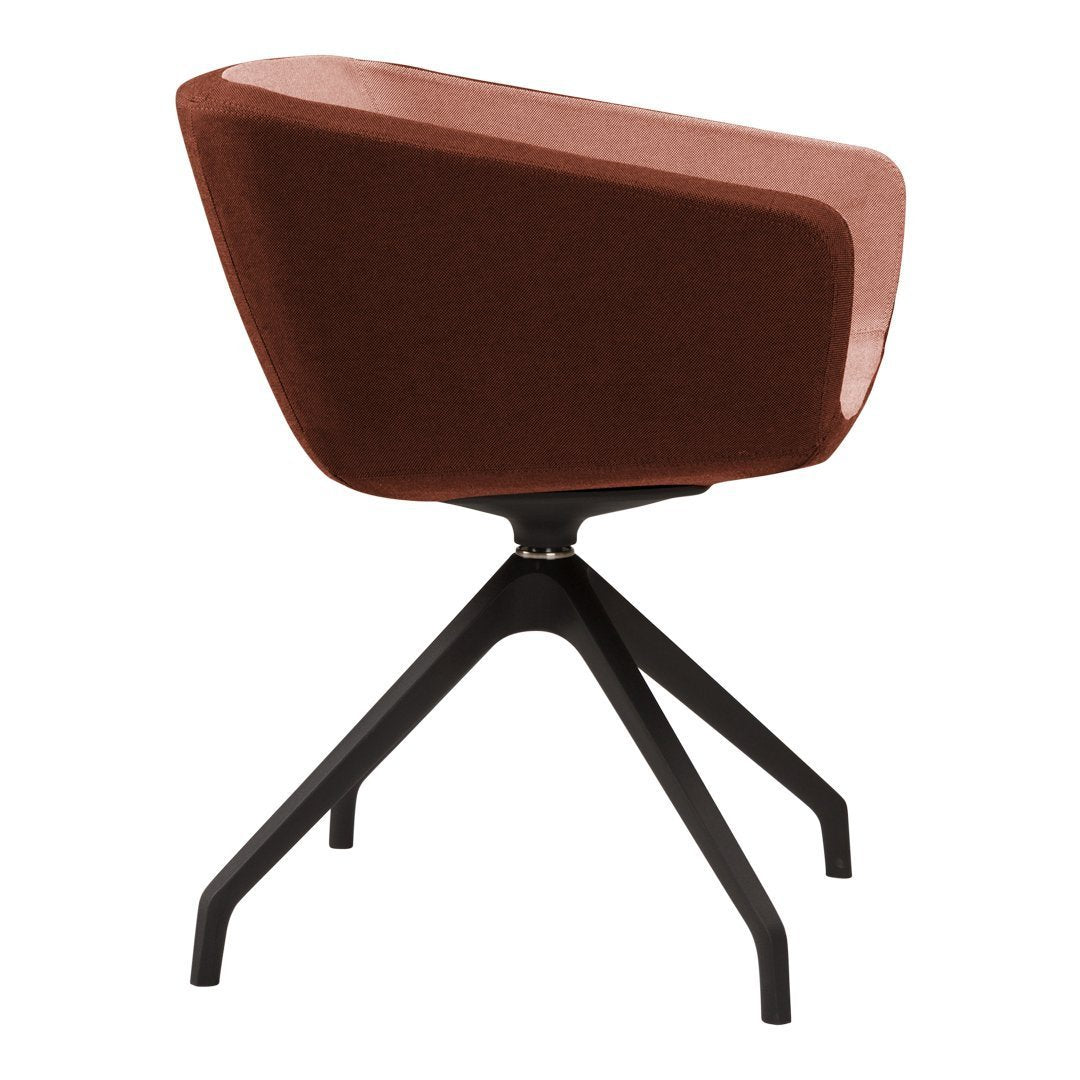 Rust-colored upholstered chair with a sleek black base and minimalistic design, perfect for modern decor.