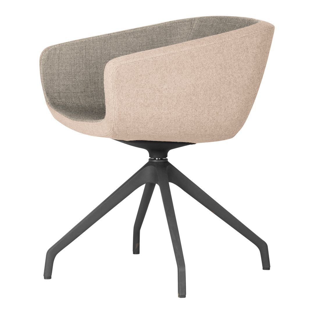 Beige and gray upholstered chair with a sleek black metal base, featuring a modern, minimalist design.