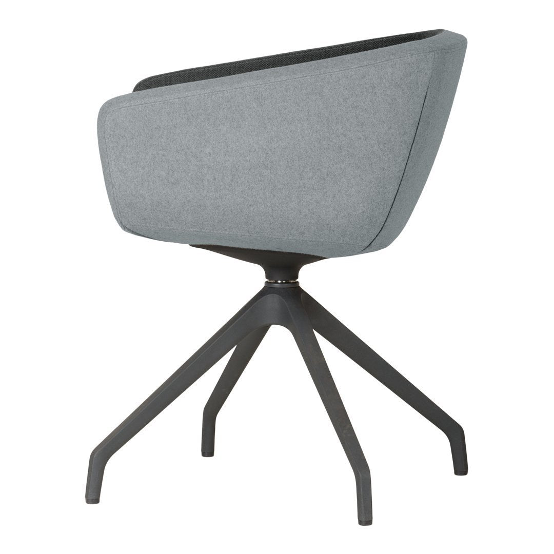 Stylish gray upholstered chair with a sleek black tripod base, perfect for modern interiors.