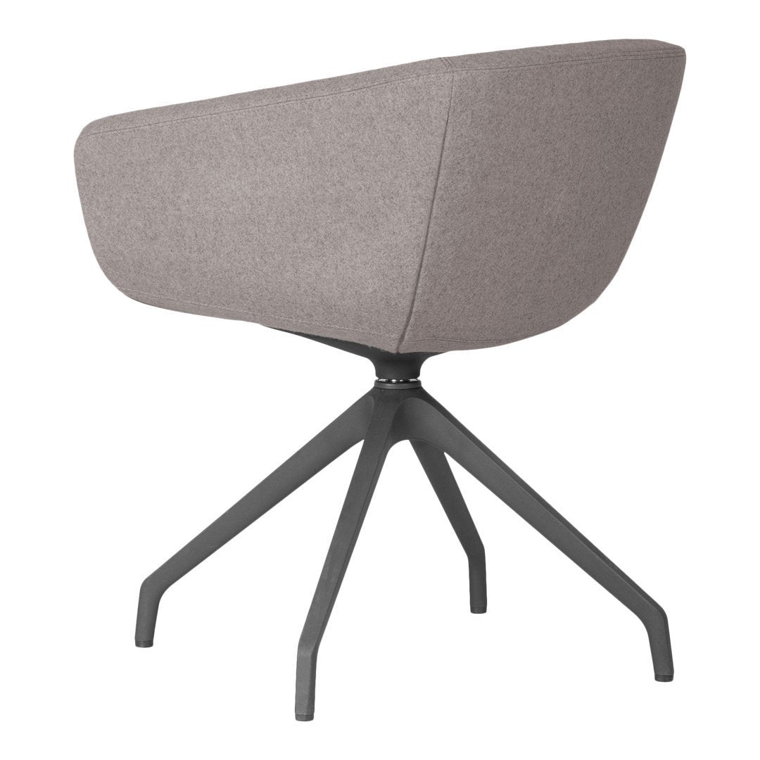 Soft gray fabric armchair with a sleek black base, featuring a modern, minimalist design.