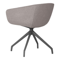 Soft gray fabric armchair with a sleek black base, featuring a modern, minimalist design.