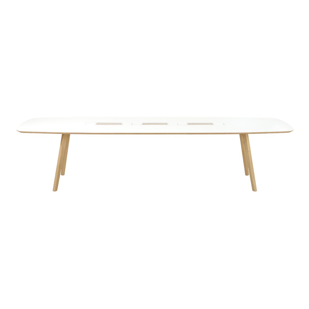White wooden table with a smooth surface and natural wood legs, featuring a minimalist design and no visible patterns.