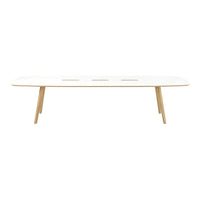 White wooden table with a smooth surface and natural wood legs, featuring a minimalist design and no visible patterns.