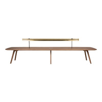 Modern walnut coffee table with sleek brass accents and minimalistic design, featuring a smooth, polished finish.