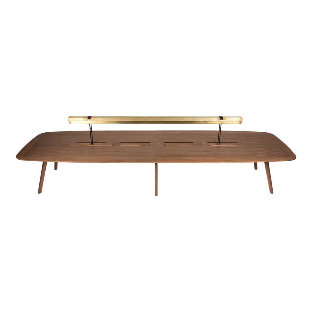 Elegant walnut coffee table with a sleek brass accents and smooth, curved surface. Modern minimalist design.