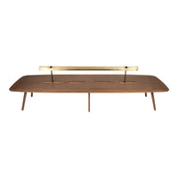 Elegant walnut coffee table with a sleek brass accents and smooth, curved surface. Modern minimalist design.