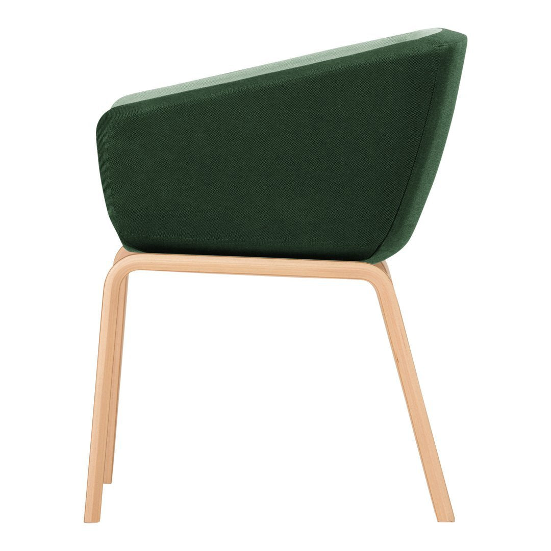 Green upholstered chair with a smooth, modern design and light wood legs. Ideal for contemporary decor.