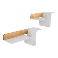 White minimalist shelves with natural wood accents, featuring a sleek, modern design. Perfect for stylish decor.