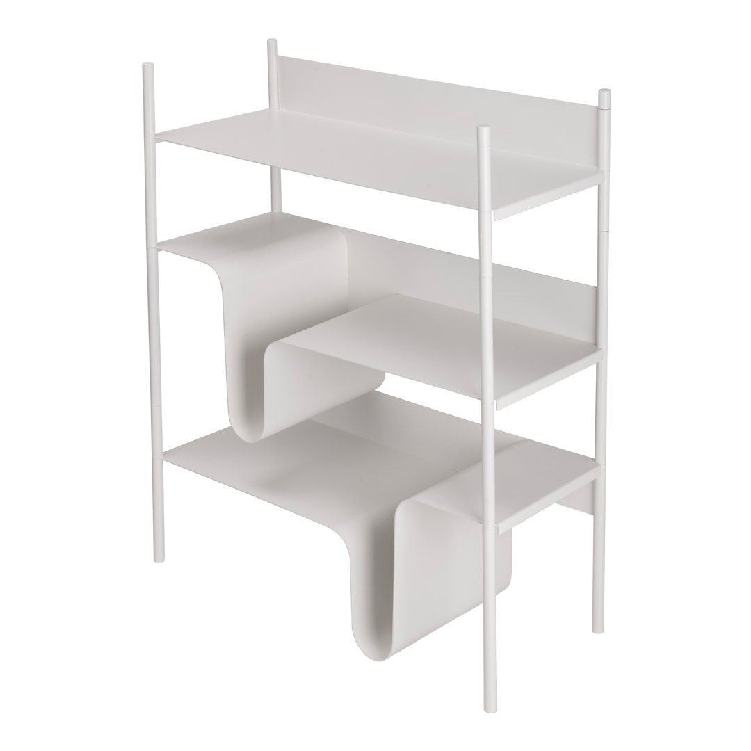 White minimalist shelving unit with smooth, curved shelves and a modern design, perfect for contemporary decor.