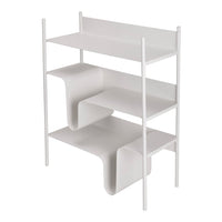 White minimalist shelving unit with smooth, curved shelves and a modern design, perfect for contemporary decor.