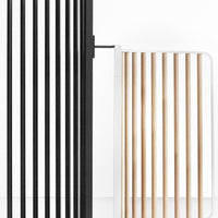 Modern gate design featuring black vertical slats and natural wood tones, complemented by sleek white accents.