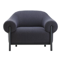 Navy blue textured upholstered armchair with rounded arms and black metal frame, perfect for modern decor.