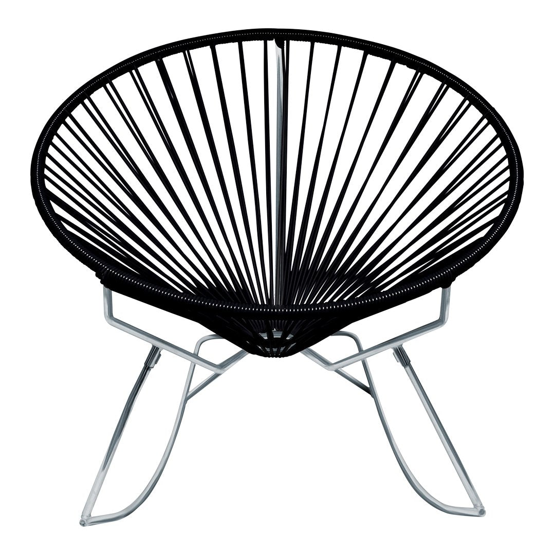 Black Acapulco chair with a unique radial pattern and sleek silver legs, perfect for modern decor.