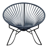 Navy blue wire chair with radial pattern, featuring a sleek black metal base for modern elegance. Perfect for stylish decor.