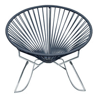 Round navy blue chair with sleek metal frame and radiating line pattern for modern decor. Ideal for stylish seating.