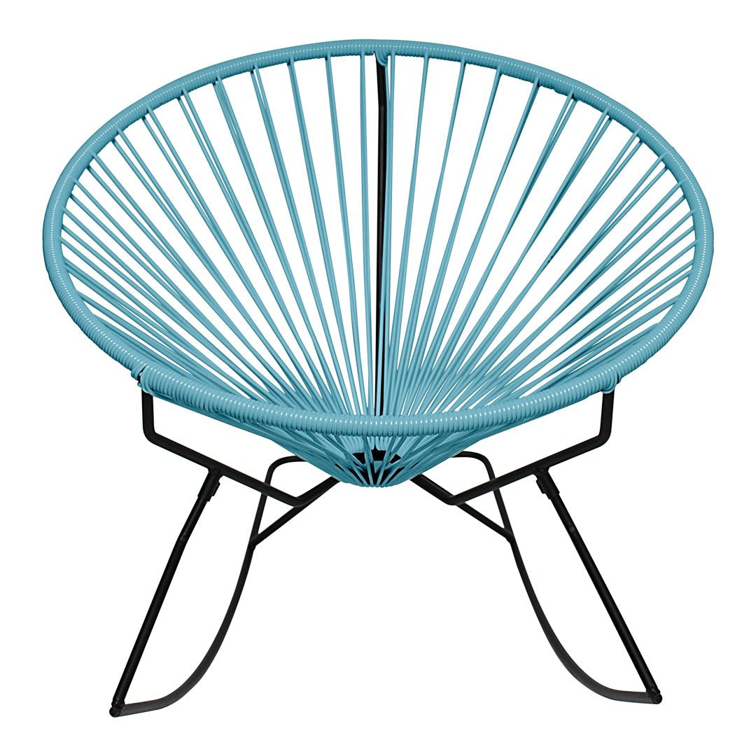 Turquoise round chair with a sleek wire design against a black metal frame, showcasing modern elegance.