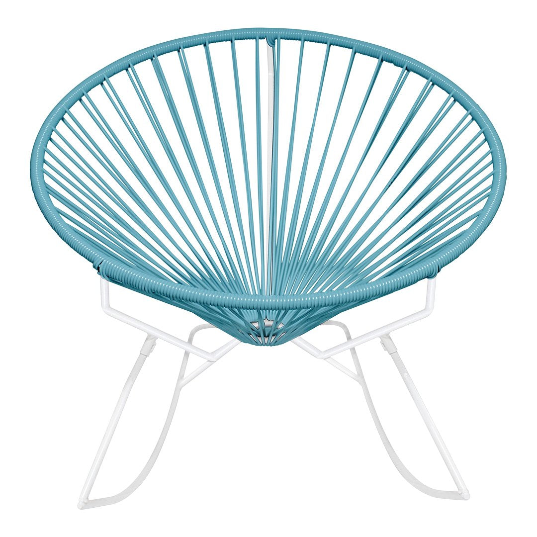 Turquoise Acapulco chair with a circular woven pattern and white metal legs, perfect for outdoor or indoor use.