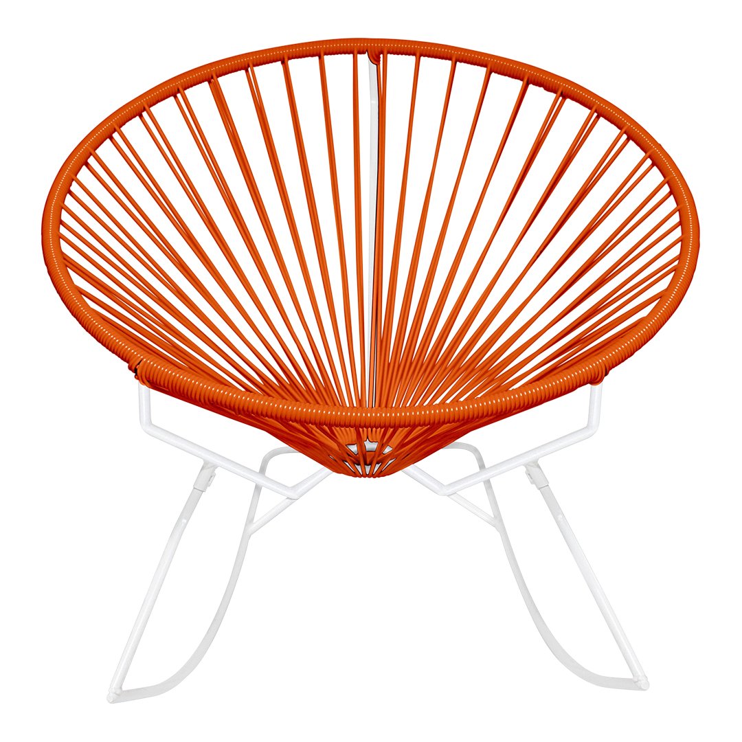 Orange hued Acapulco chair with a unique ribbed pattern and white metal legs, perfect for modern outdoor decor.