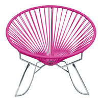 Vibrant pink Acapulco chair with a round, radial pattern and a sleek chrome base, perfect for modern decor.
