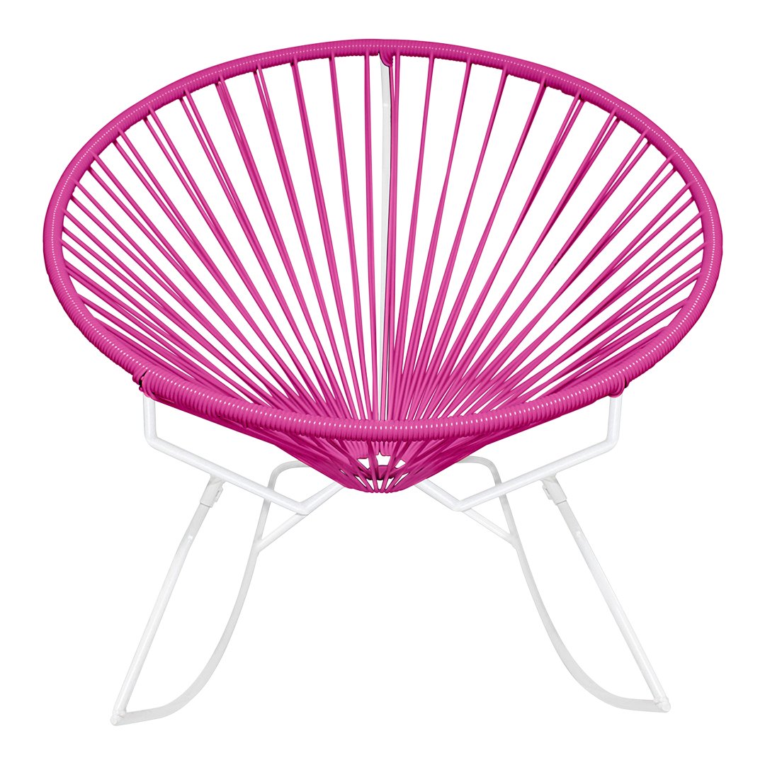 Vibrant pink Acapulco chair with unique radial pattern and white metal legs, perfect for stylish outdoor seating.