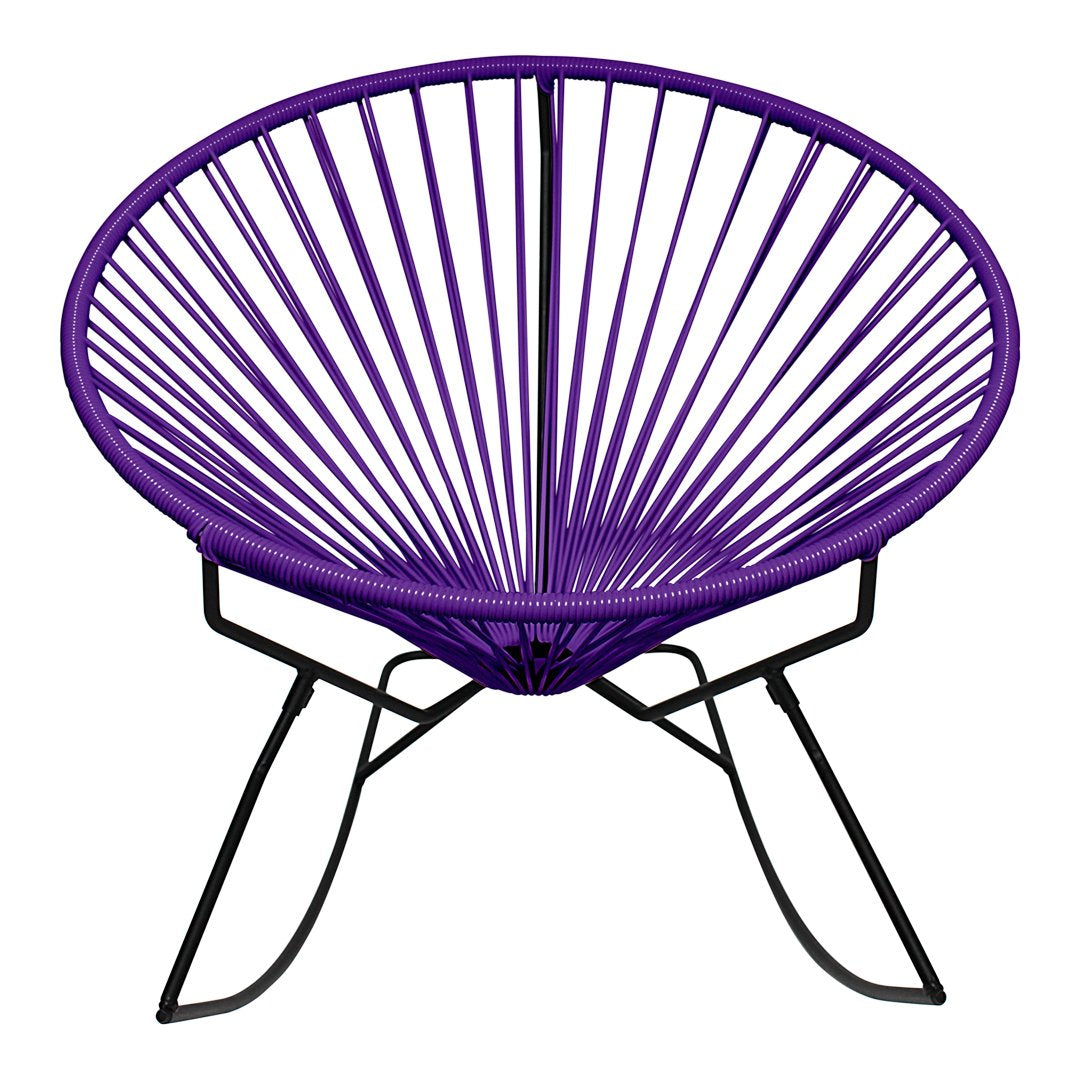 Purple Acapulco chair with a circular pattern and black metal legs, perfect for stylish outdoor decor.