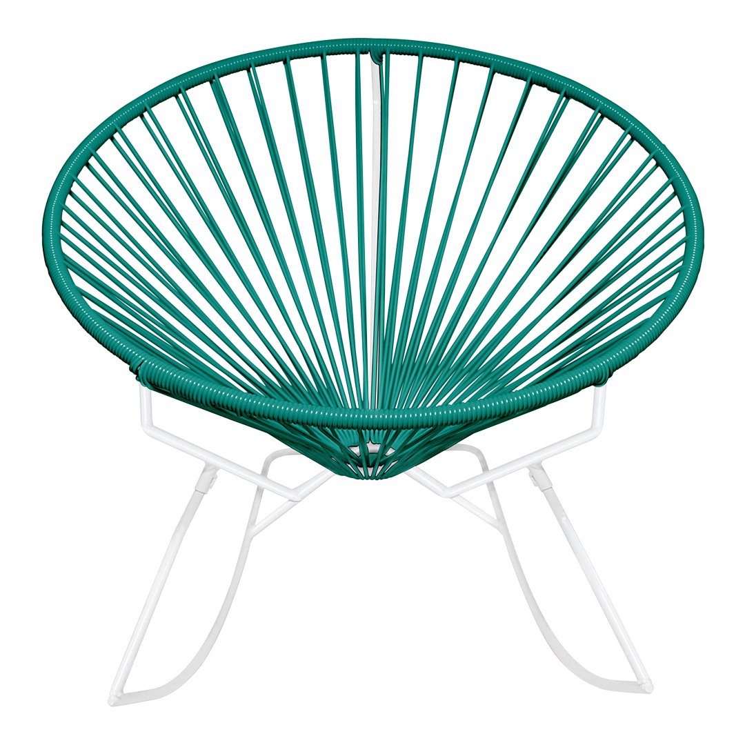 Teal woven chair with a unique circular design on a white metal frame, perfect for modern outdoor decor.