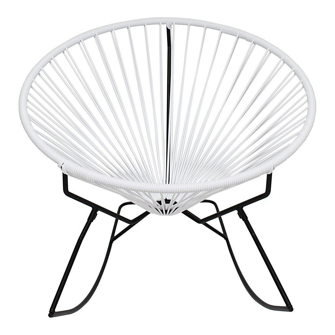 White round chair with a radial pattern and sleek black metal legs. Stylish and modern design for any space.