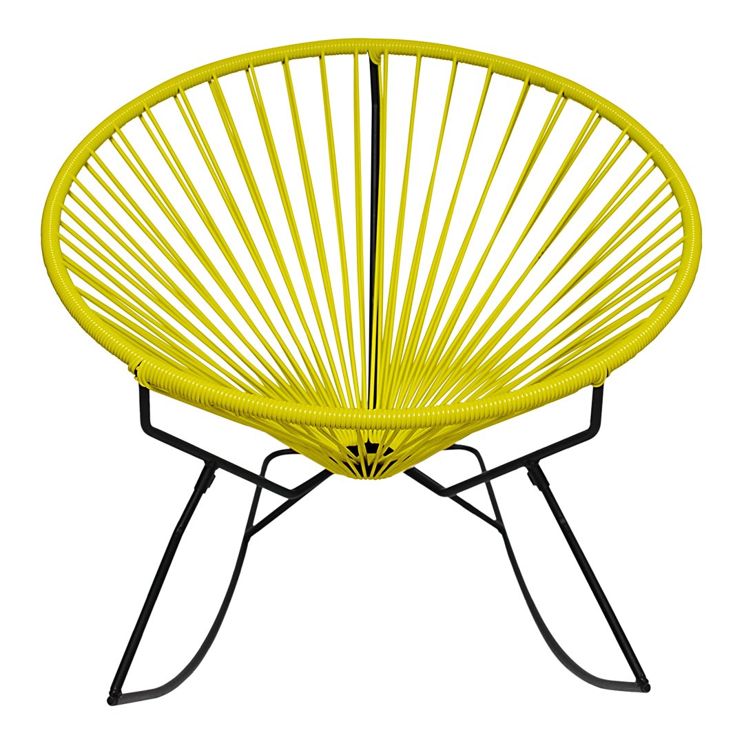 Bright yellow round chair with a radial pattern and black metal legs, perfect for modern decor.