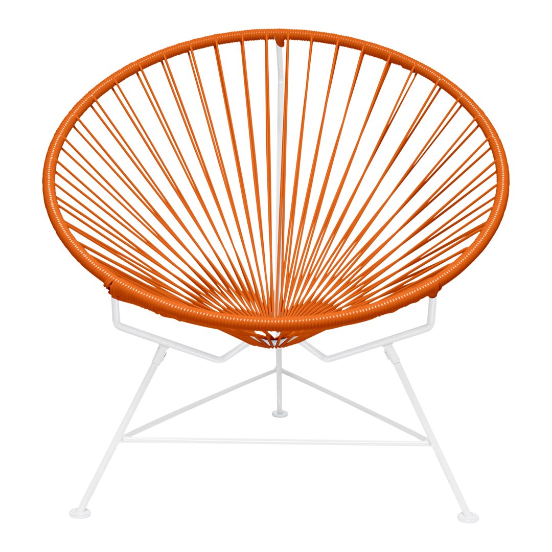 Orange round chair with a modern striped pattern and white metal base, perfect for vibrant outdoor decor.