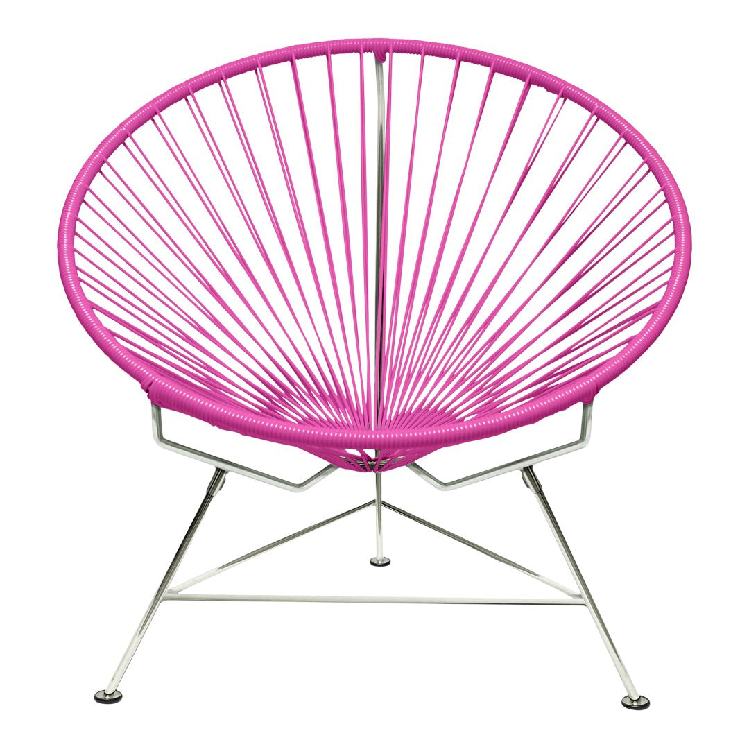 Vibrant pink circular chair with sleek silver legs and a modern design, featuring a unique radial pattern.