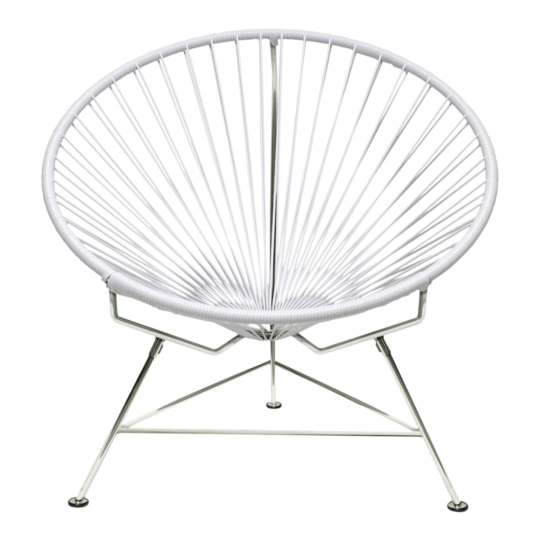 White circular chair with a sleek wire design and chrome legs, ideal for modern decor. Perfect for indoor or outdoor use.