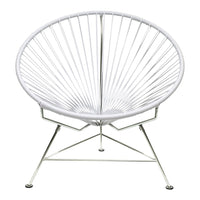White circular chair with a sleek wire design and chrome legs, ideal for modern decor. Perfect for indoor or outdoor use.